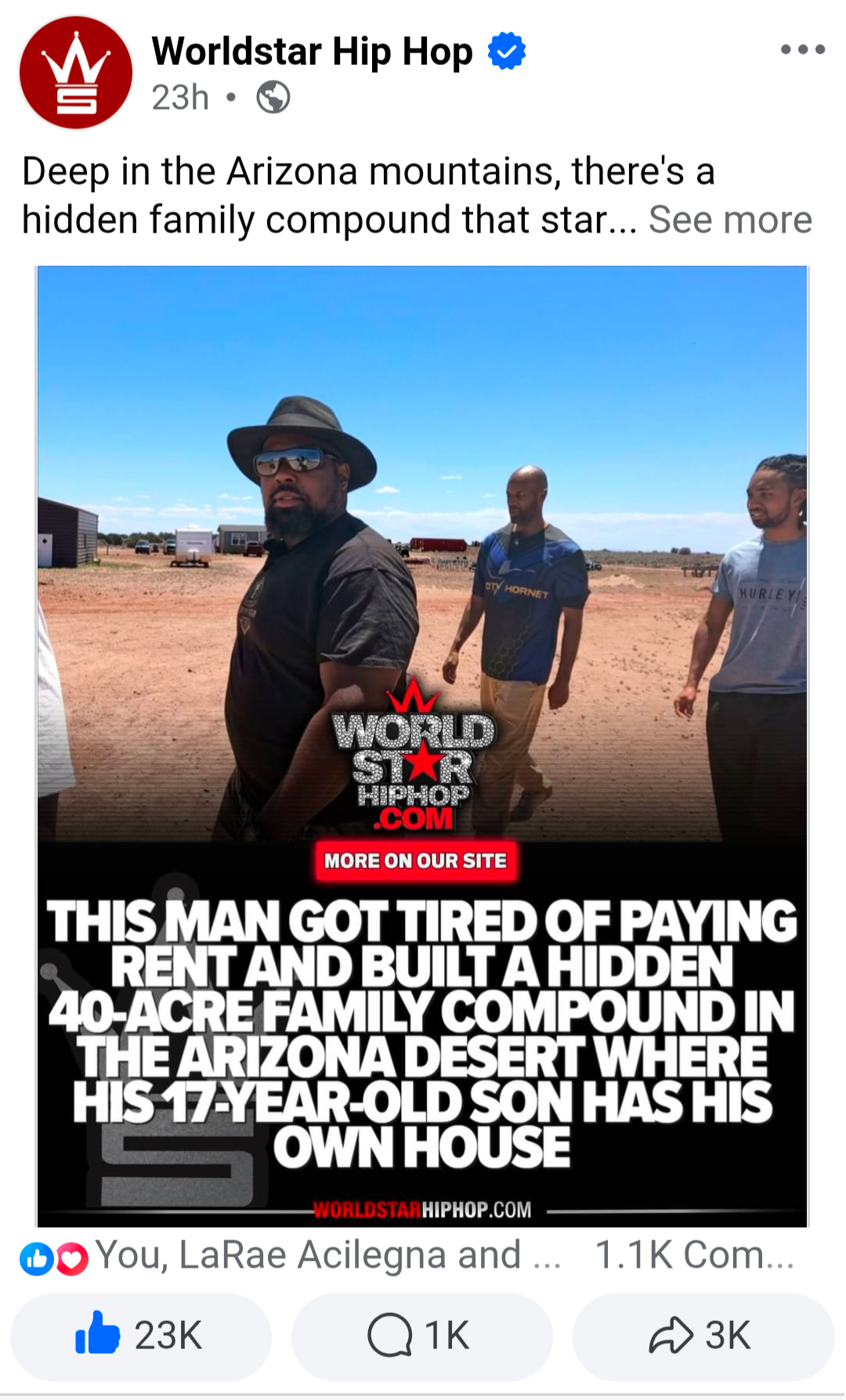 Screenshot of a social media post showing a family compound in the Arizona desert