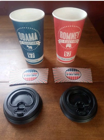 2012 Barack Obama & Mitt Romney 7/11 Cups with heat sleeves and lids (collectors items)