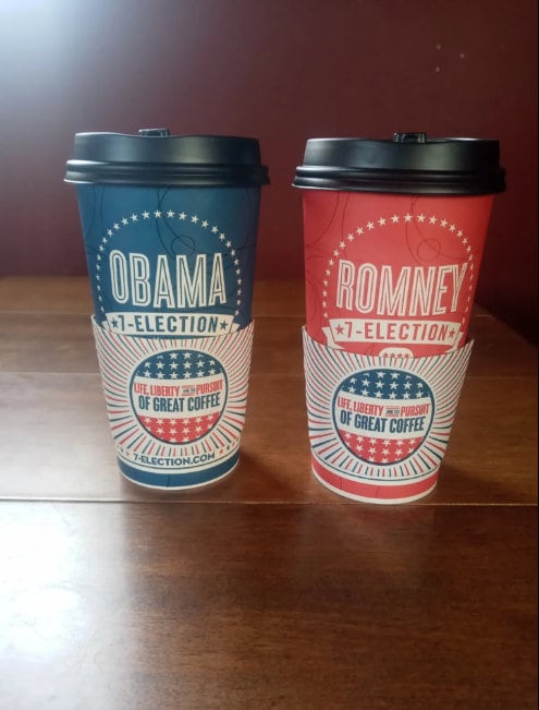 2012 Barack Obama & Mitt Romney 7/11 Cups with heat sleeves and lids (collectors items)